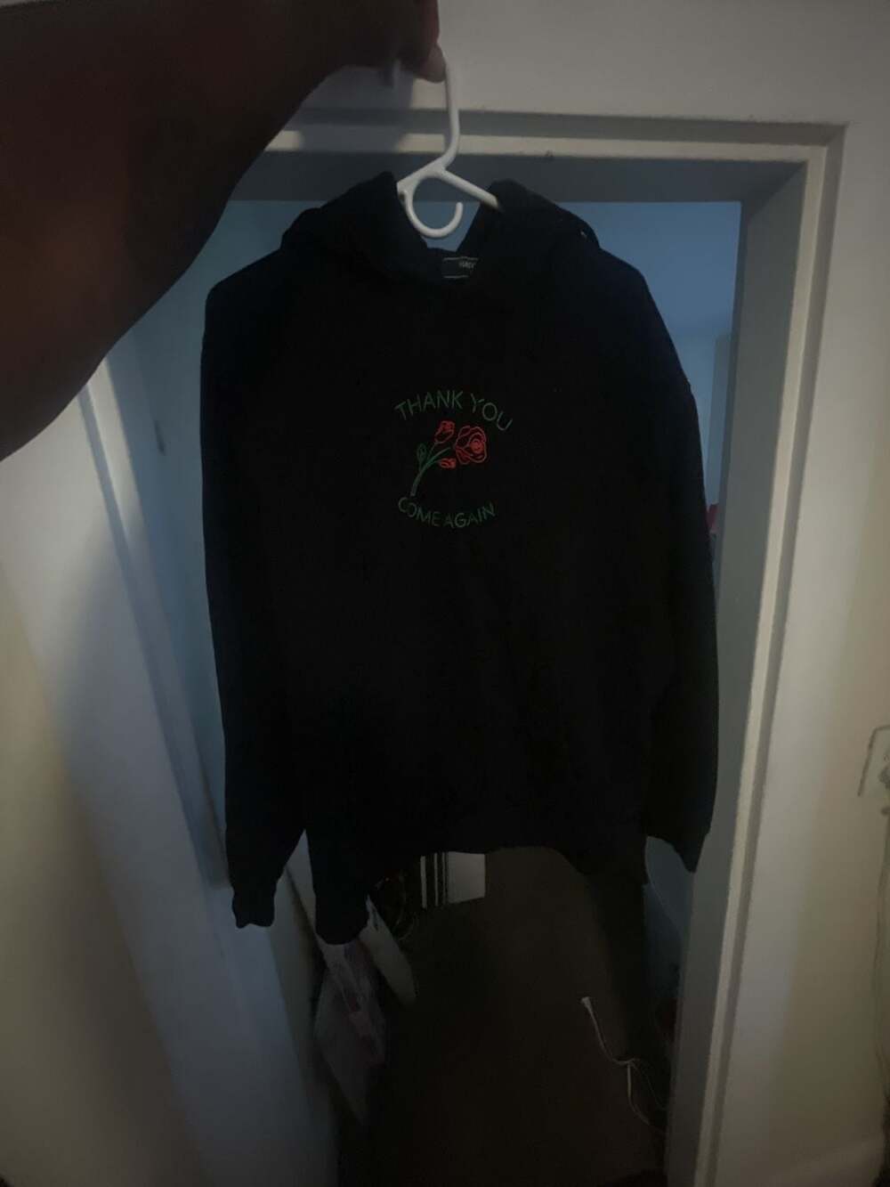 Forever 21 Men's 'Thank You Come Again' Rose Embroidered Black Hoodie